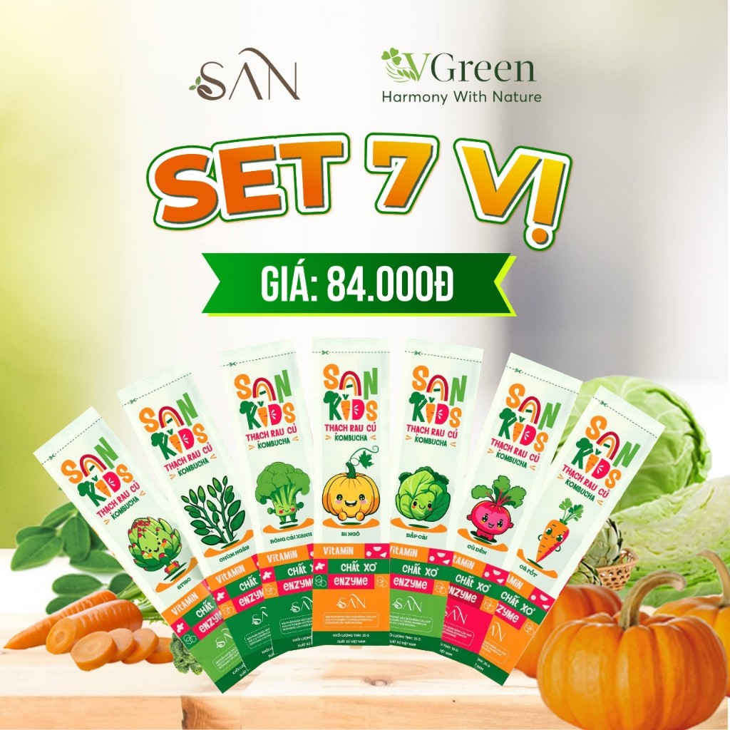 SET 7 vị Thạch rau củ Kombucha - San Kids, bổ sung chất xơ, vitamin, enzyme tiêu hóa