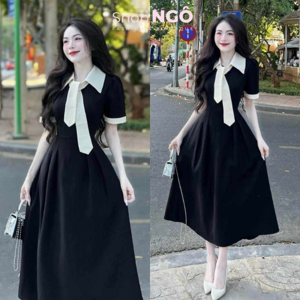 Đầm váy nữ đi tiệc,váy công sở thanh lịch.váy đen cổ phối cà vạt trắng dáng dài phong cách trẻ trung sang trọng