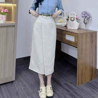 Chân váy Susuclothing suông midi dáng dài có tà đắp che bụng có túi khóa sau dài 80cm Kèm Đai, A TÀ CÚC NHỎ 83