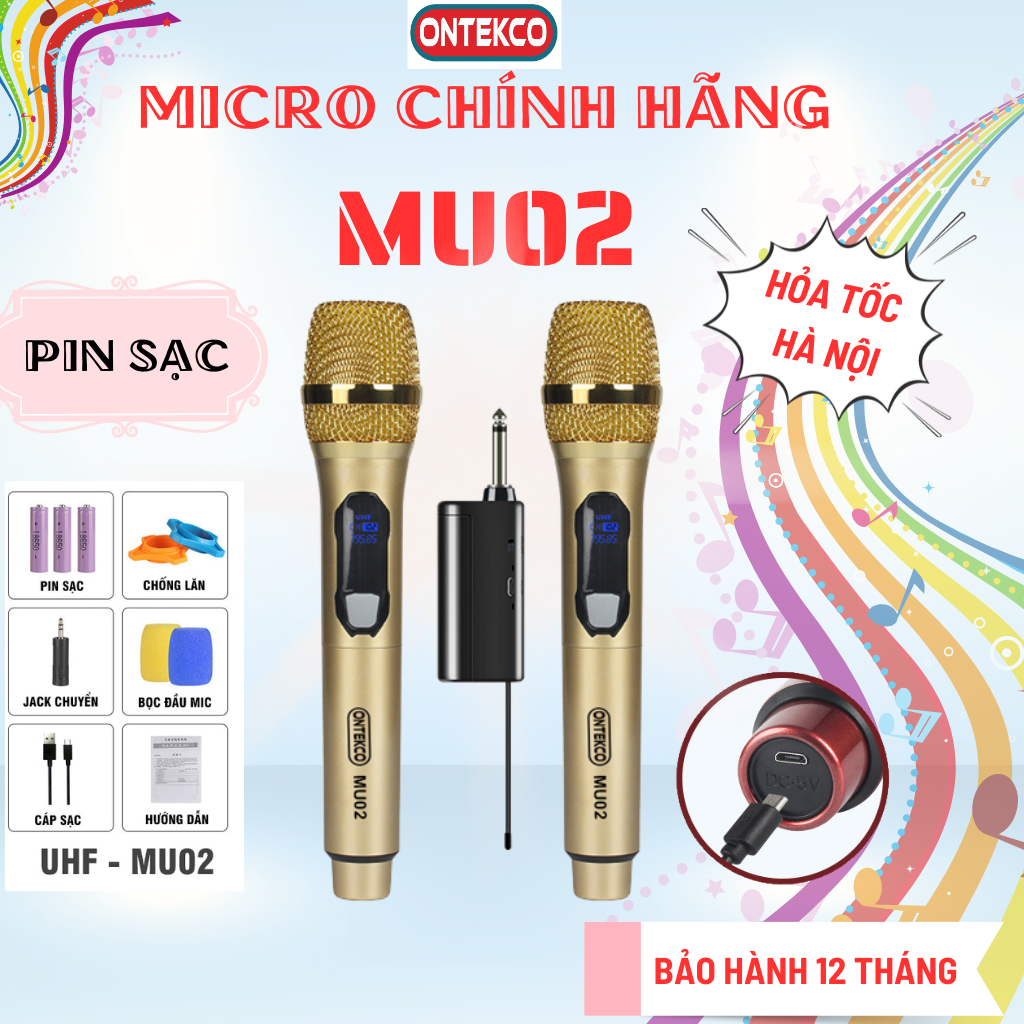  Bộ micro không dây PIN SẠC  sóng UHF ONTEKCO MU02 hát karaoke gia đình chuyên nghiệp Bảo hành 12 tháng 