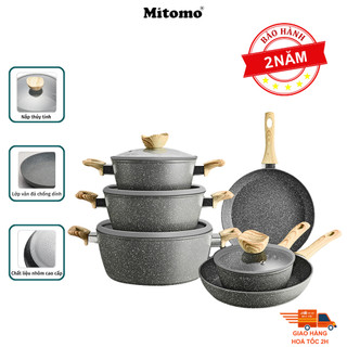 Bộ nồi chảo vân đá 6 món chống dính cao cấp Mitomo Queen Time, dùng cho bếp từ, bếp ga - Hàng chính hãng