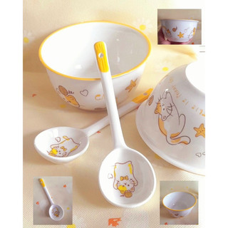 Sét 4 món Bát Mèo kèm thìa, chén ăn cơm bằng sứ hoạ tiết mèo vàng. Mẫu mới dễ thương Tiện Dụng