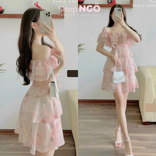 Đầm váy ngắn - Đầm váy hoa voan bèo tầng trễ vai 2 lớp màu cực ngọt nhẹ nhàng, thanh lịch cho các nàng đi dạo phố, cafe