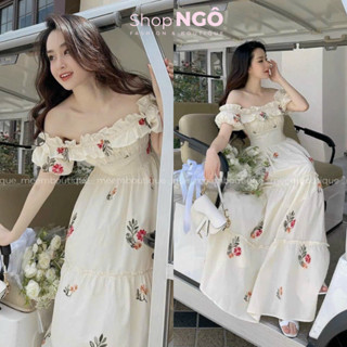 Đầm váy hoa trễ vai bèo ngực bánh bèo tiểu thư,đầm maxi dáng dài đi biển (có mút)