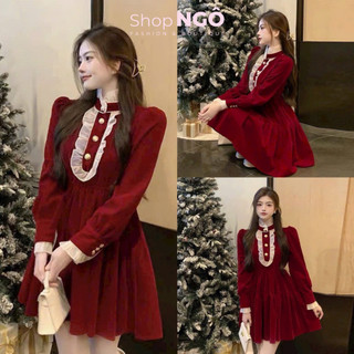 Đầm váy nữ tiểu thư mặc TẾT .noel, đầm nhung đỏ tay dài phối bèo ren cúc dọc dáng xòe sang chảnh cao cấp chất nhung