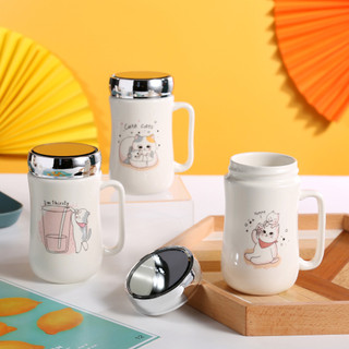 Cốc sứ giữ nhiệt 400ml nắp tráng gương có tay cầm