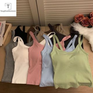 Áo Thun 2 Dây CÓ MÚT ĐỆM, Áo Len Tăm Phối Trơn Dáng Croptop Ôm Body Quyến Rũ Phong Cách Hàn Quốc Hàng QCCC Tongkhominhan