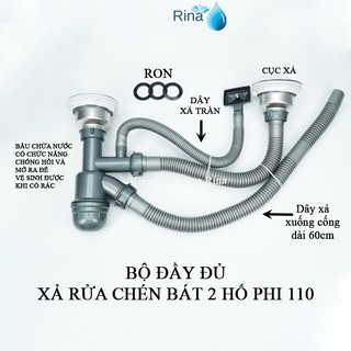 Xả rửa chén đôi inox 304 cao cấp hàng loại 1 bộ xả chậu rửa chén bát 2 hố phi 110