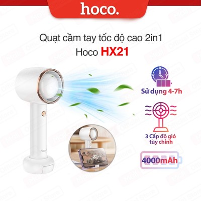Quạt cầm tay 2in1 Hoco HX21 dung lượng pin 4000mAh, 3 cấp độ gió để điều chỉnh,nhỏ gọn tiện lợi kèm giá đỡ điện thoại