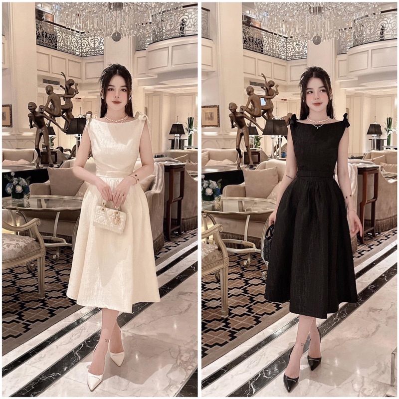 Đầm xoè gấm nơ vai