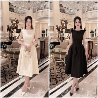 Đầm xoè gấm nơ vai