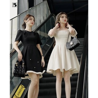 Đầm ngắn tay, phối trắng, 2 nơ trước Twenty.Five DL28
