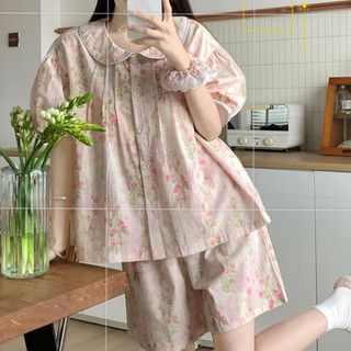 Set bộ ngắn nữ mặc nhà hồng hoạ tiết