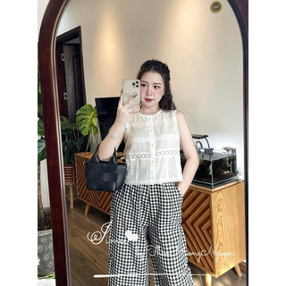 Set áo ren trắng mix quần kẻ hàng loại một