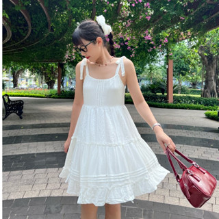 Váy HẠ 2 Dây Babydoll Trắng Ngắn 3 Tầng Cotton Năng Động