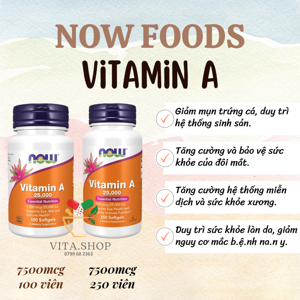 Now Viên uống Vitamin A 7500mcg (Fish Liver Oil 25000 IU) giúp bảo vệ mắt, sinh sản, tăng miễn dịch