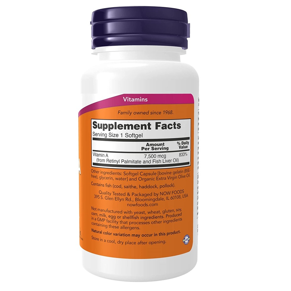 Now Viên uống Vitamin A 7500mcg (Fish Liver Oil 25000 IU) giúp bảo vệ mắt, sinh sản, tăng miễn dịch