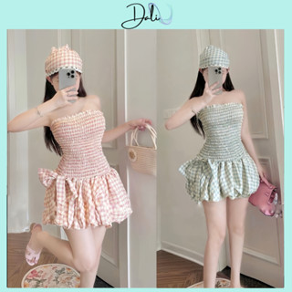 Set Đầm Baby Kẻ Bo Chun Nhún Thân Dáng Bí Phồng Tặng Kèm Khăn + Quần Trong Và Nơ Sang Chảnh