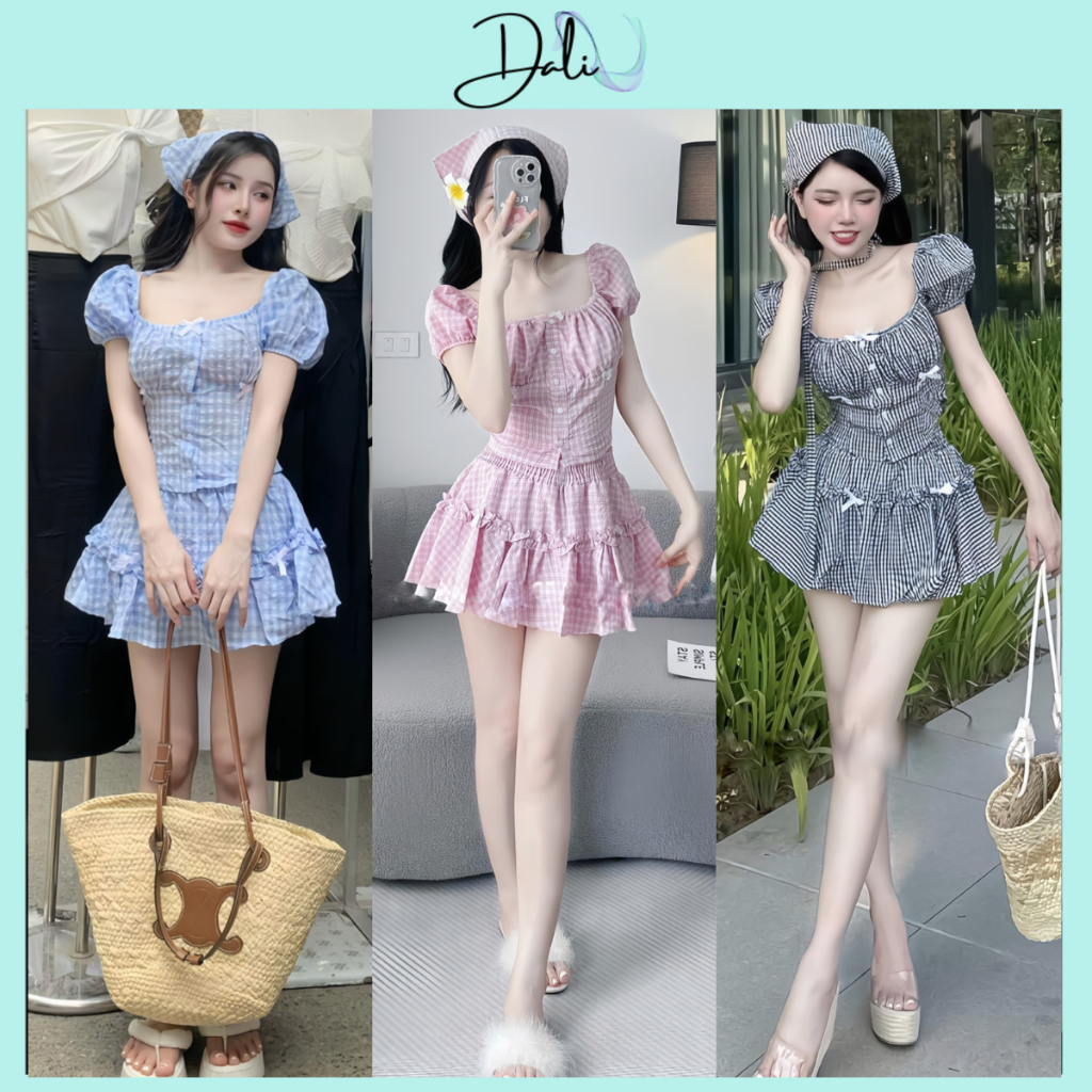 Set Váy 3 Món Chất Liệu Đũi Kẻ Đính Nơ Dễ Thương Gồm Áo Cổ Vuông + Chân Váy Phối Viền Bèo + Khăn Turban | BigBuy360 - bigbuy360.vn