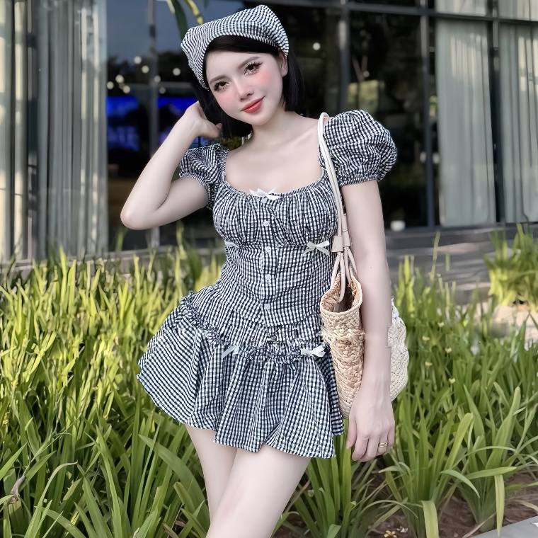 Set Váy 3 Món Chất Liệu Đũi Kẻ Đính Nơ Dễ Thương Gồm Áo Cổ Vuông + Chân Váy Phối Viền Bèo + Khăn Turban | BigBuy360 - bigbuy360.vn