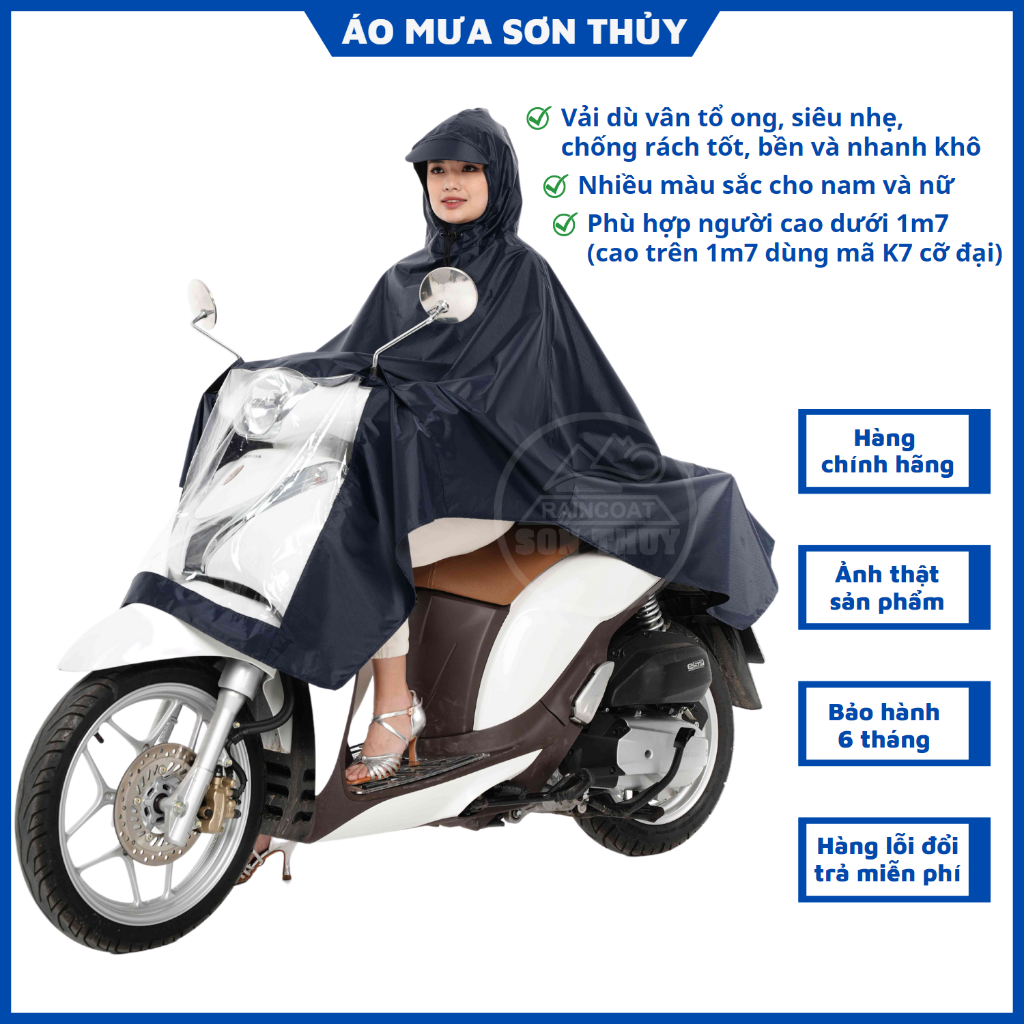 Áo Mưa Choàng Sơn Thủy Vải Dù Polyester Vân Tổ Ong Áo Mưa Một Người Có Lỗ Xỏ Gương Chống Thấm - K7