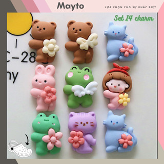 Set 14 Sticker, Charm 3D chủ đề ếch xanh Mayto gắn Dép Sục, Cá Sấu JB-181