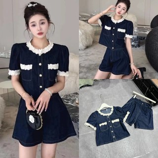 Sét bộ jean denim cộc tay phối viền ren mix quần jean ngố thêu chỉ nổi có size sm - halinh shop -sét jean nữ phối ren qc