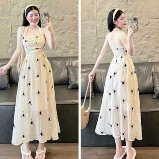 Váy Đầm Dự Tiệc Nữ, váy hoa dài, dây quàng cổ siêu xinh