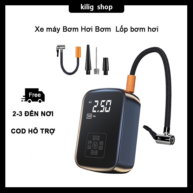 Xe máy Bơm Hơi Bơm Lốp Ô Tô Xe Máy Điện Tử Không Dây Công Suất Cao 100W, Al Tự Động Ngắt Khi Đầy, Kiêm Sạc Dự kilig shop
