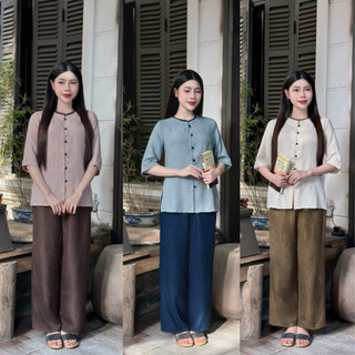 Pháp phục đi chùa, Bộ lam đi chùa chất liệu Đũi trơn Cao Cấp