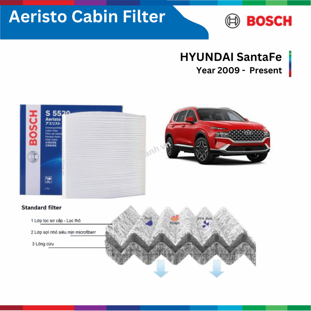 Lọc gió điều hòa BOSCH Aeristo, HYUNDAI SantaFe đời xe 2009 đến nay, lọc gió máy lạnh SantaFe