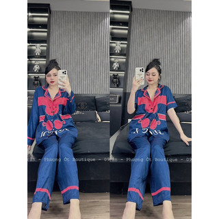 Đồ bộ gấu xanh lụa xước SAM quần suông có túi quần