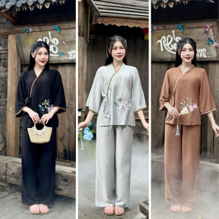 Pháp phục đi chùa, Bộ lam đi chùa chất liệu Đũi Tơ thêu Hiếu Cao Cấp