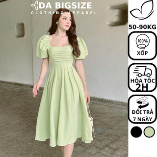 Dabigsize - Đầm Bigsize Nữ , Váy Dự Tiệc Dáng Xòe Xếp Ly Ngực Tay Phồng Chất Xốp Mềm Mịn Cho Người Mập 50-90kg