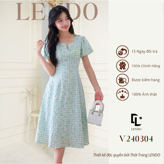 Đầm Váy Công Sở LENDO V240304 Dáng Chữ A Xòe Dài Tay Ngắn Bồng Cổ Tròn Cách Điệu Họa Tiết Hoa Nhí