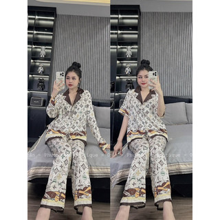 Bộ ngủ mặc nhà pijama hoạ tiết nâu SAM lụa xước mát