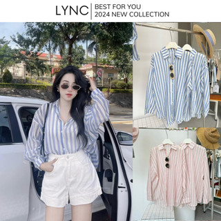 Lync studio - áo sơ mi kẻ sọc nữ dài tay dáng rộng chất thô đũi lca0315a
