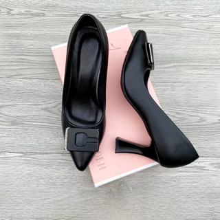 Giày cao gót mũi nhọn đính mác C gót loe 5cm 7cm