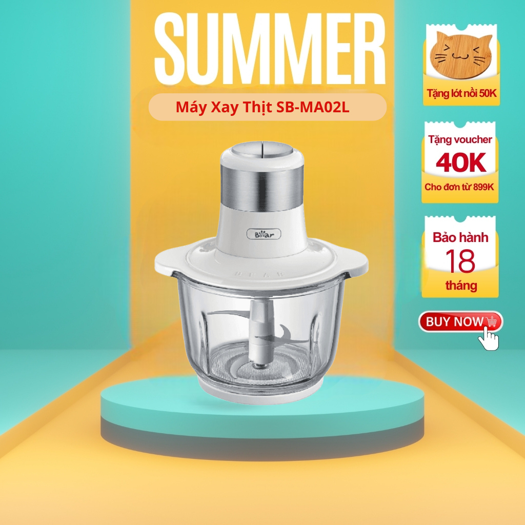 Máy xay Thịt Đa Năng BEAR SB - MA02L, Cối Thủy Tinh 2L, Dao 4 Lưỡi Thép Không Gỉ