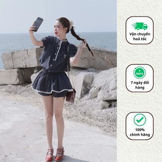 Jumpsuit kẻ đính nơ thiết kế đi làm đi chơi đồ liền thân viền ren sang chảnh Minaca Clothing J6
