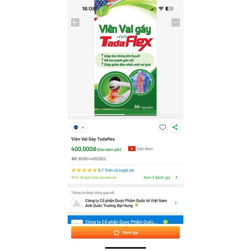 Viên vai gáy Flex hỗ trợ giảm đau mỏi vai gáy tê bì chân tay người thoái hóa cột sống [ Viên vai gáy HVH Tada Flex ]
