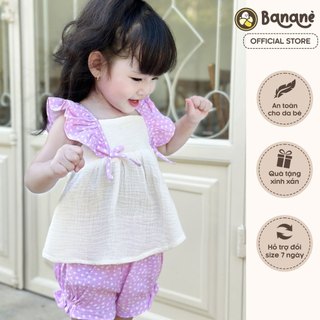  Set bộ quần áo Bananè Kids vải xô Muslin màu tím chấm bi họa tiết cánh tiên đáng yêu cho bé gái B11T 