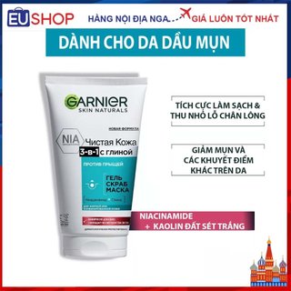 Gel rửa mặt tẩy tế bào chết làm trắng da Garnier Nga clean skin 3in1 Gel  Scrub - Mask Tuýp 150ml