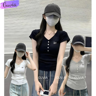 Áo thun tay ngắn cổ trụ đính nút dáng dài, áo thun thêu form babytee ôm add64