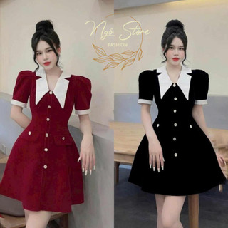 Đầm váy nữ ,Đầm Nhung cổ phối trắng vạc nhọn đính nút tay phồng thiết kế sang trọng quý phái,dành cho các nàng đi tiệc