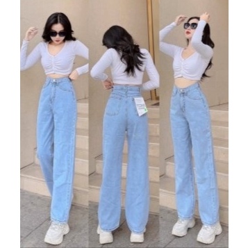 Quần Jean Nữ Ống Suông Quần Bò Nữ Ống Rộng Lưng Cao Vải Cotton Dày Dặn Mềm Mịn Không Phai Màu