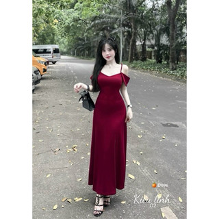 đầm 2 dây phối rớt tay ngắn dáng dài có mút chất ladong mềm