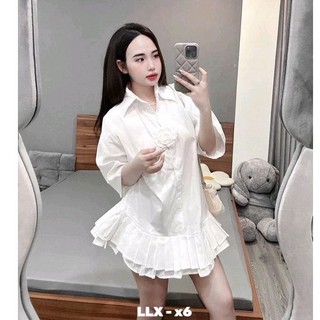 (ảnh thật) VÁY THÔ SUÔNG CHÂN XÒE XẾP LY CỔ SƠ MI