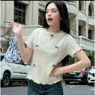 Áo Thun Nữ Babytee Form Ôm Nhiều Màu ( Cổ Viền Đính Nơ)