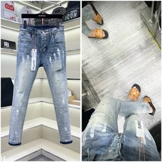 Quần jean bò nam skinny PURPLE wash xanh khói mài rách xước nhẹ đùi gối vẽ sơn phối mác logo treo cạp quần boy phố
